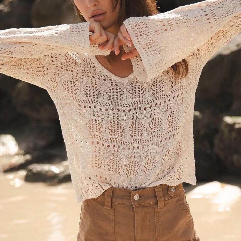 Cream Crochet Pullover Hoodie